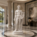 White marble Greek god statue with a lyre placed in an elegant gallery hall with pillars, perfect for art gallery, museum, and luxury interior decor.