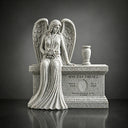 Close-up view of hand carved angel memorial headstone showing detailed wings and natural stone craftsmanship