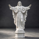 Full-length hand-carved marble Jesus statue with open arms and a Sacred Heart emblem.