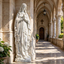 A hand-carved Virgin Mary statue, designated as an outdoor Marian devotional sculpture, is displayed in a church courtyard colonnade.
