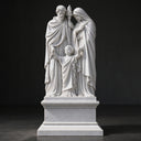 Full view of a white marble Holy Family statue featuring Jesus, Mary, and Saint Joseph with classical robes and a rectangular pedestal.