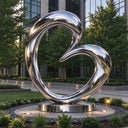 Large modern abstract stainless steel sculpture with mirror-polished flowing curves displayed in a landscaped corporate courtyard.