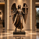 Large bronze angel holding a Christian cross statue BB-022 with outstretched wings in an elegant architectural interior