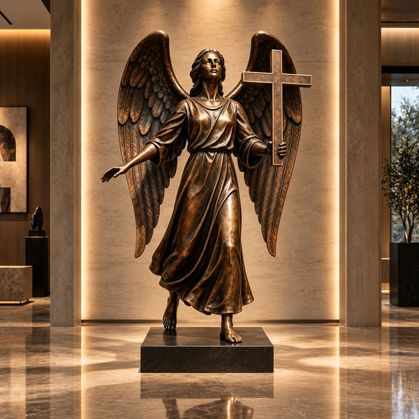 Large bronze angel holding a Christian cross statue BB-022 with outstretched wings in an elegant architectural interior