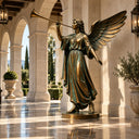 Large bronze angel with trumpet statue BB-020 displayed at a luxury Mediterranean-style entrance