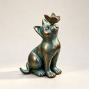 Large bronze cat and butterfly garden sculpture BB-018 with a warm brown and verdigris patina