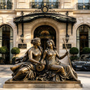 Large classical bronze figure sculpture displayed at a luxury hotel entrance as architectural public art