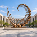 Sweeping upward into a curling wave form, this large bronze outdoor sculpture is anchored on a circular base, designed as monumental public art for a corporate plaza.