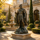 Large bronze Poseidon statue BB-016 with a trident displayed beside a fountain in a landscaped luxury villa garden