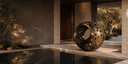 Large bronze sculpture with a geometric perforated design beside a reflecting pool in a modern architectural space