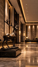A large bronze stag sculpture with impressive antlers placed in a luxury hotel lobby on a black marble base.