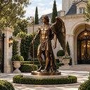 Large bronze warrior angel statue BB-023 holding a spear at the landscaped entrance of a luxury estate