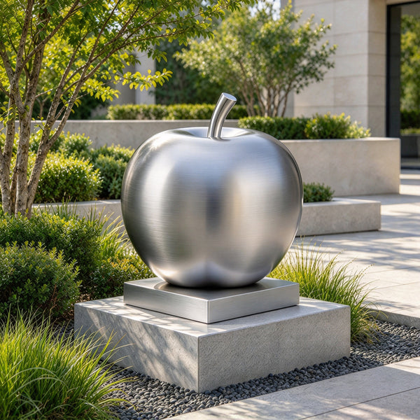 Emulating a fruit motif on a stone plinth, this large brushed stainless steel apple sculpture adds a contemporary touch to school campus grounds.
