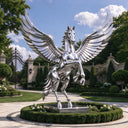 Commanding a formal landscape, this large metal Pegasus sculpture depicts a rearing winged horse, fabricated from polished stainless steel to create a brilliant focal point for a luxury garden.
