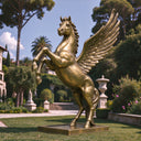 Poised in a dynamic rear, this large outdoor bronze Pegasus sculpture brings majestic energy to a lush garden environment.
