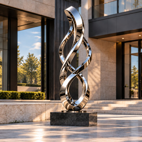 Springing from a solid black base, this large outdoor infinity sculpture is mirror polished from stainless steel, defining an abstract metal ribbon design for corporate landscape projects.
