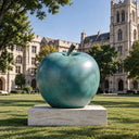 A monumental verdigris bronze apple sculpture displaying a rich patina, positioned as a focal point for a seaside estate.