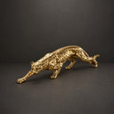 Realistic spotted details on contemporary stainless steel leopard sculpture with black background