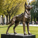 A life-size bronze German Shepherd statue standing on a black rectangular base, positioned on a grassy lawn with trees in the background.