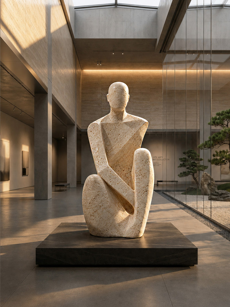 Custom travertine human sculpture with natural stone texture highlighted by sunlight