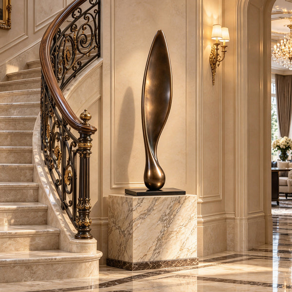 Rising through a gentle twist from a grounded teardrop base, this Eternal Ascent abstract bronze sculpture lends vertical emphasis to a luxury foyer staircase.

