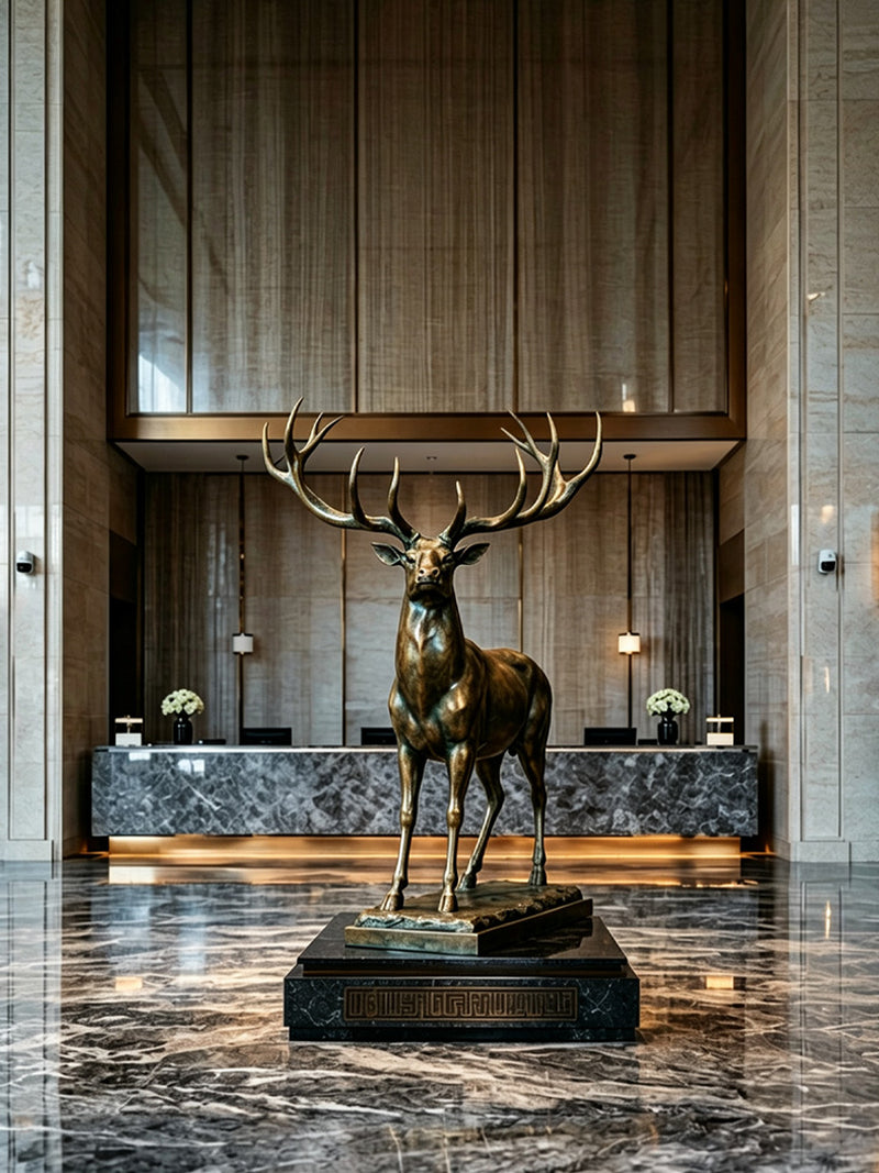 front view of a custom deer bronze sculpture installed in a luxury hotel looby