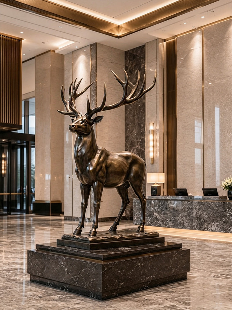 Side view of a bronze deer sculpture installed in luxury hotel lobby