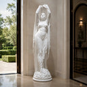 Classical female fiberglass sculpture displayed in a luxury European mansion interior with elegant architectural details
