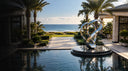 Custom stainless steel sculpture installed in a luxury beachfront resort landscape overlooking the ocean