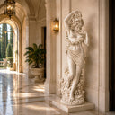 Classical female fiberglass sculpture displayed at a luxury European villa entrance with elegant architectural surroundings