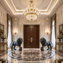 Stainless steel lion sculpture pair installed in luxury villa entrance and hotel architectural project SS-016