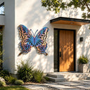 Electroplated colored stainless steel butterfly wall sculpture installed on luxury villa exterior wall SS-020
