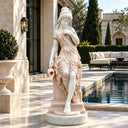 Marble water bearer statue MM-027 with classical drapery displayed in a luxury poolside courtyard