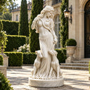 White marble woman and dogs garden statue MM-030 displayed among formal hedges at a luxury European villa