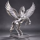 Illuminating the sculptural anatomy, this studio photograph of a stainless steel horse statue outlines the intricate wings and raised hooves for a custom metal catalog.