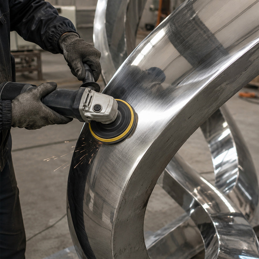 Mirror polishing process creating a smooth reflective finish on contemporary stainless steel sculpture