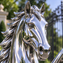 Reflecting the surrounding trees, this close-up captures the striking head and arched neck of a mirror polished Pegasus statue, emphasizing the flawless, liquid-like metallic surface.
