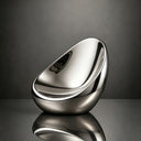 Mirror polished stainless steel abstract sculpture with smooth organic curves and contemporary design on white background