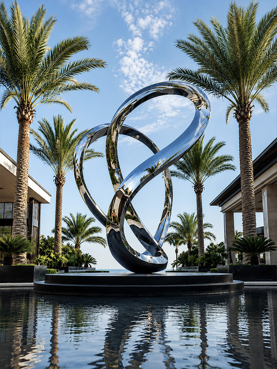 Mirror polished stainless steel finish on a contemporary outdoor sculpture