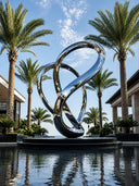 Mirror polished stainless steel finish on a contemporary outdoor sculpture