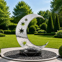 Mirror polished stainless steel moon sculpture SS-019 with crescent design and star details