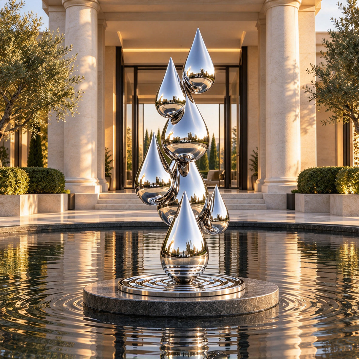 Stainless steel sculpture in a contemporary architectural setting