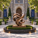 Modern abstract bronze loop sculpture placed on a circular base in an outdoor plaza at night, with illuminated greenery and a classic stone building background, ideal for luxury public art and landscape decoration.