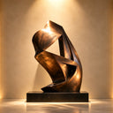 Modern geometric bronze sculpture BB-014 featuring interlocking ribbon forms and a hand-applied patina
