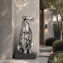 Modern geometric stainless steel dog sculpture with mirror polished finish