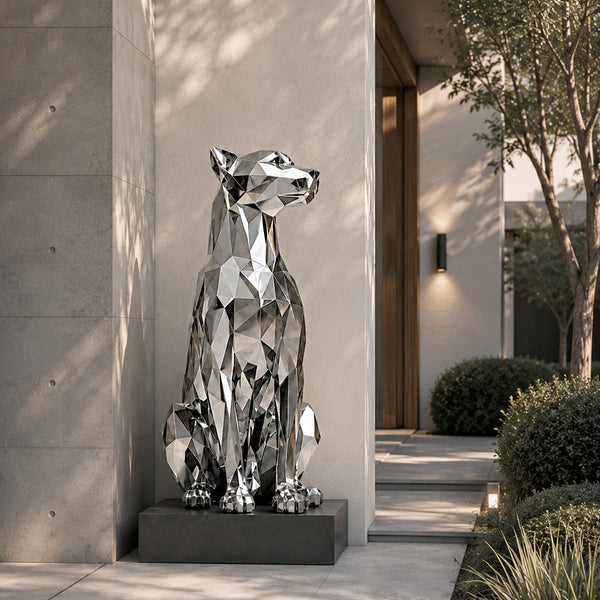 Modern geometric stainless steel dog sculpture with mirror polished finish