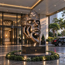Monumental surreal bronze woman face and hand sculpture installed at a luxury hotel entrance