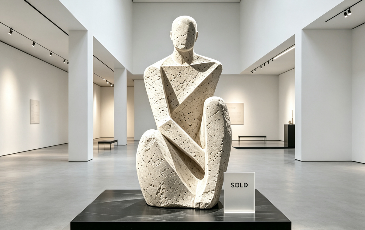 Exhibition of a stone sculpture with travertine