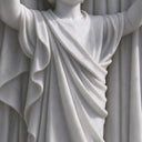 Close-up of the finely carved white marble drapery and flowing garment folds on the Holy Family statue MM-064.