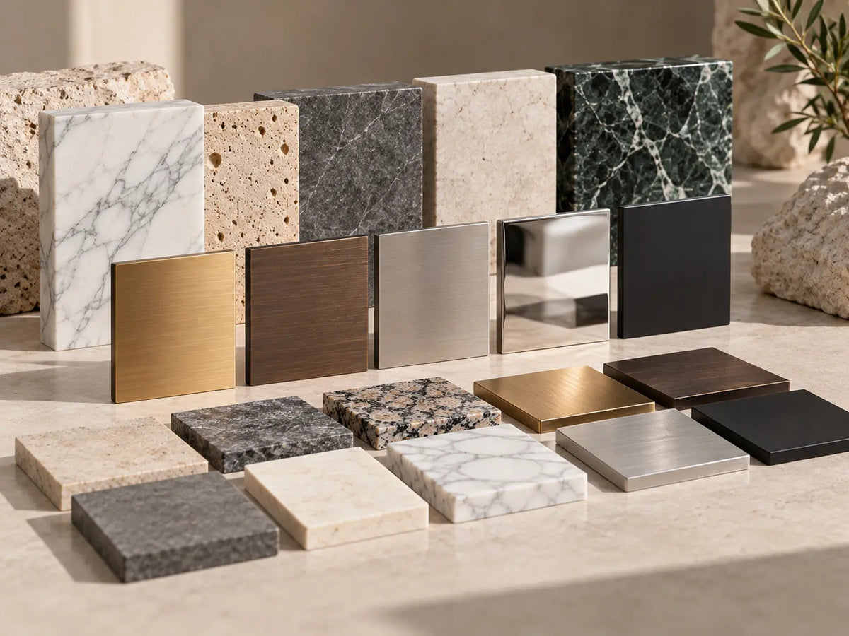 Bronze, stainless steel and natural stone material and finish samples for custom sculpture projects.